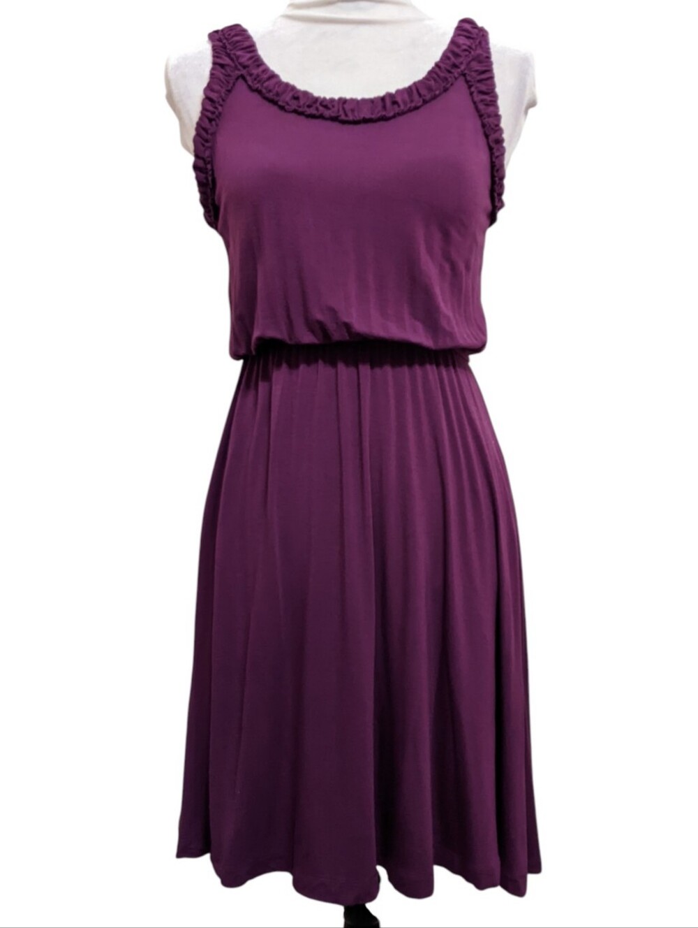 LOFT Plum Ruffled Scoop Neck Midi Dress Sleeveless Stretchy Size Small